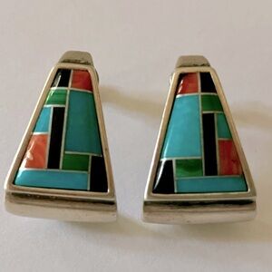 Vintage Silver Mosaic Turquoise Earrings
